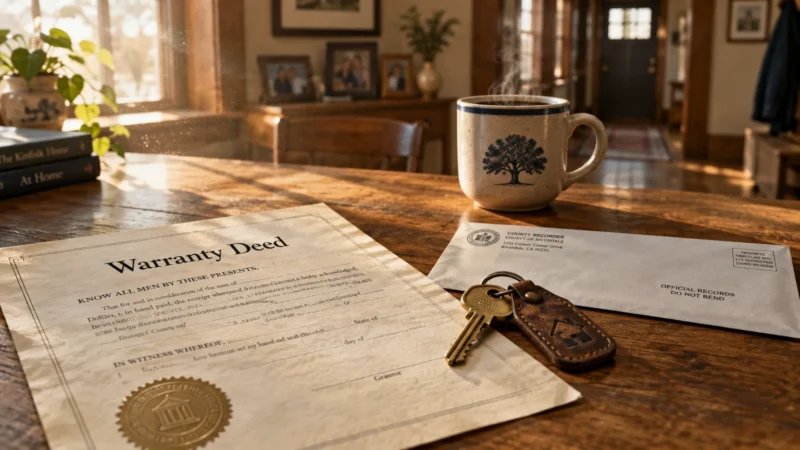 A warranty deed, house key, official county recorder envelope, and steaming mug sit on a sunlit wooden table.