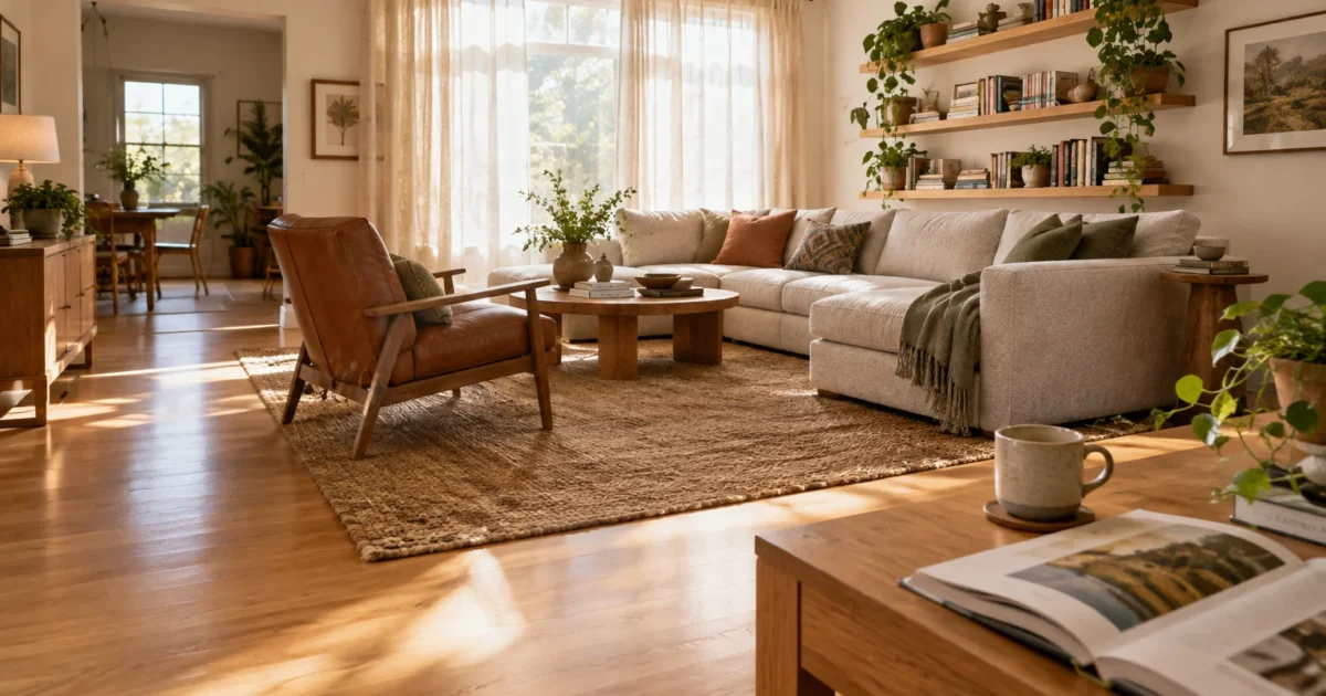 Sunlit living room with a sectional sofa, leather armchair, wooden coffee table, jute rug, and floating shelves.
