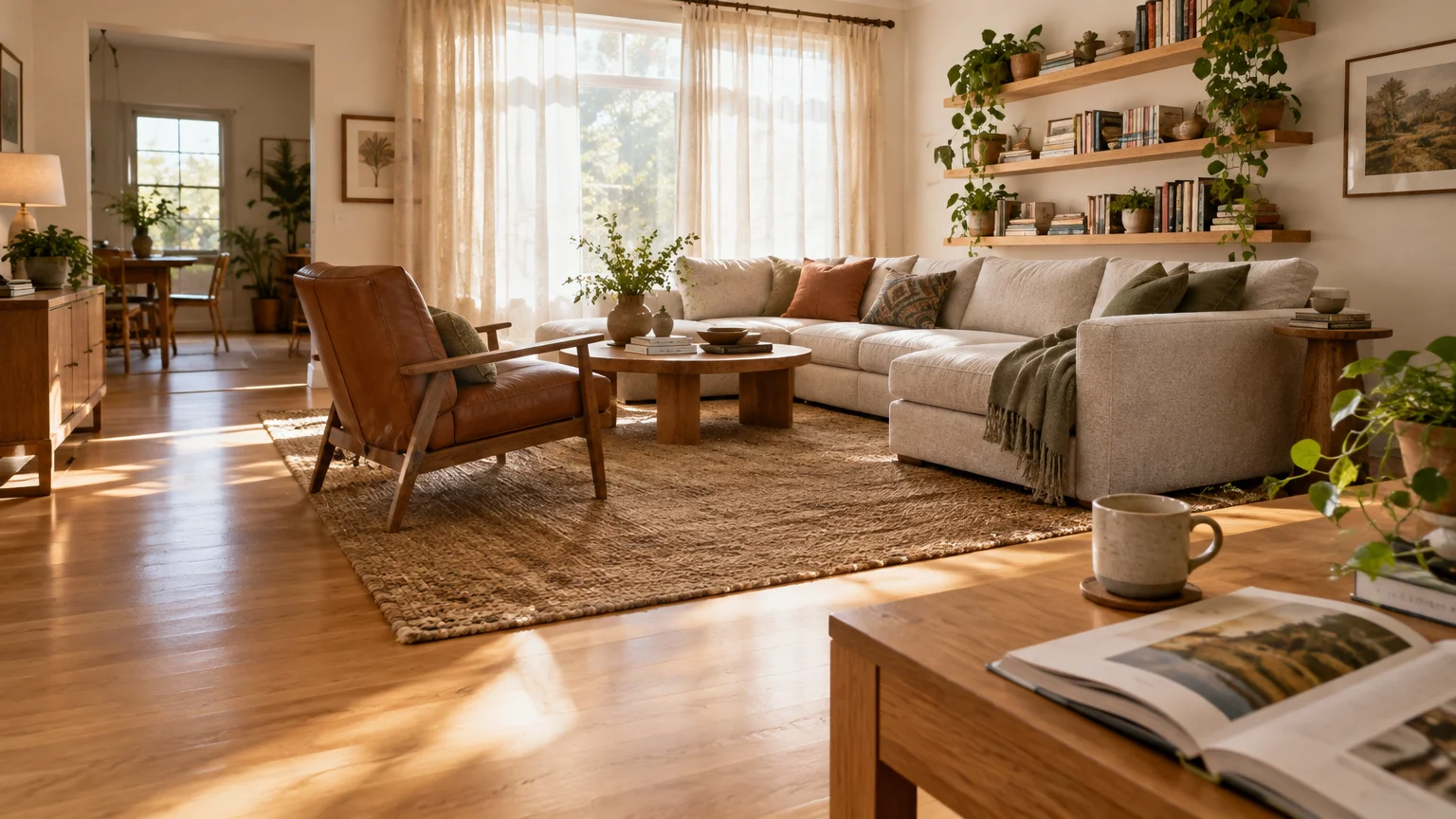 Sunlit living room with a sectional sofa, leather armchair, wooden coffee table, jute rug, and floating shelves.
