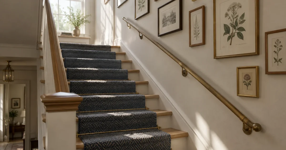 Wooden staircase with a patterned blue runner held by brass rods, a brass handrail, and framed botanical prints on the wall.