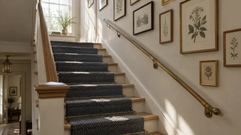 Wooden staircase with a patterned blue runner held by brass rods, a brass handrail, and framed botanical prints on the wall.