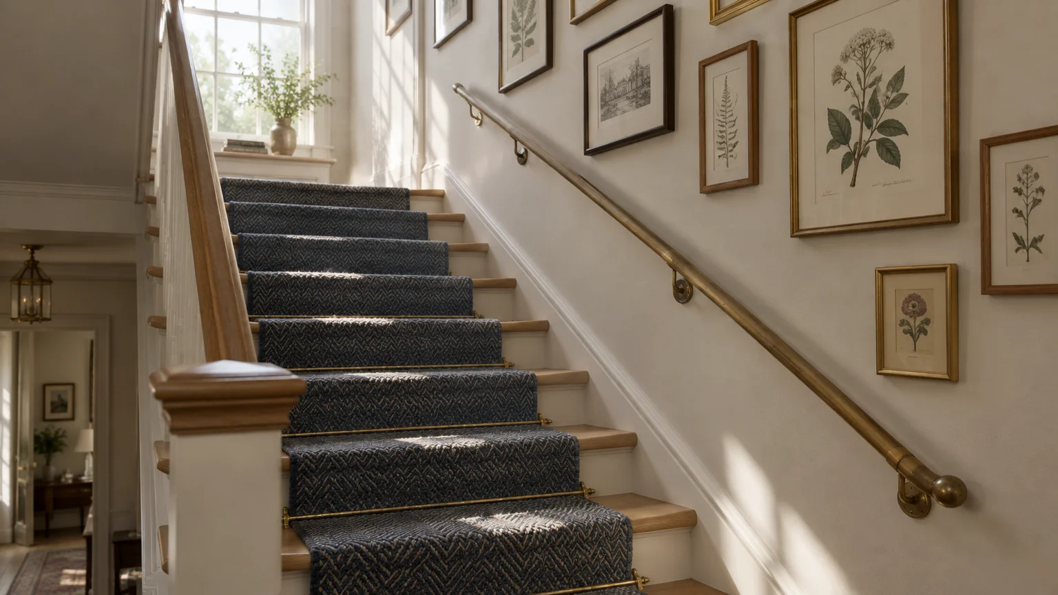 Wooden staircase with a patterned blue runner held by brass rods, a brass handrail, and framed botanical prints on the wall.