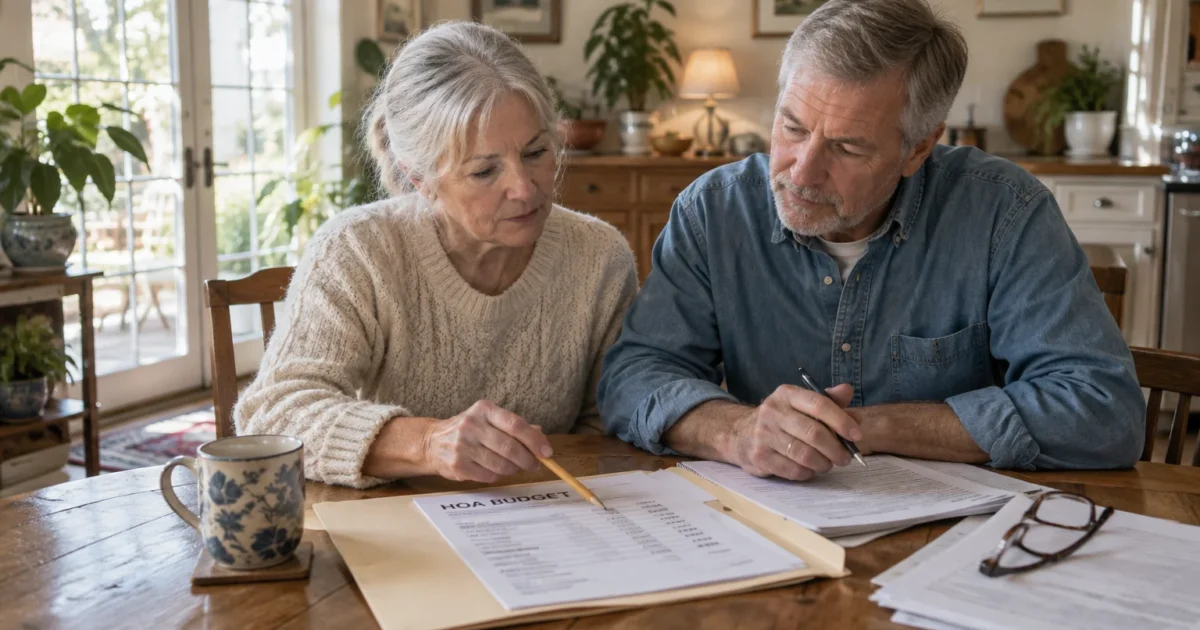 An older couple sitting at a wooden dining table reviews paperwork titled HOA Budget with a pencil and pen.