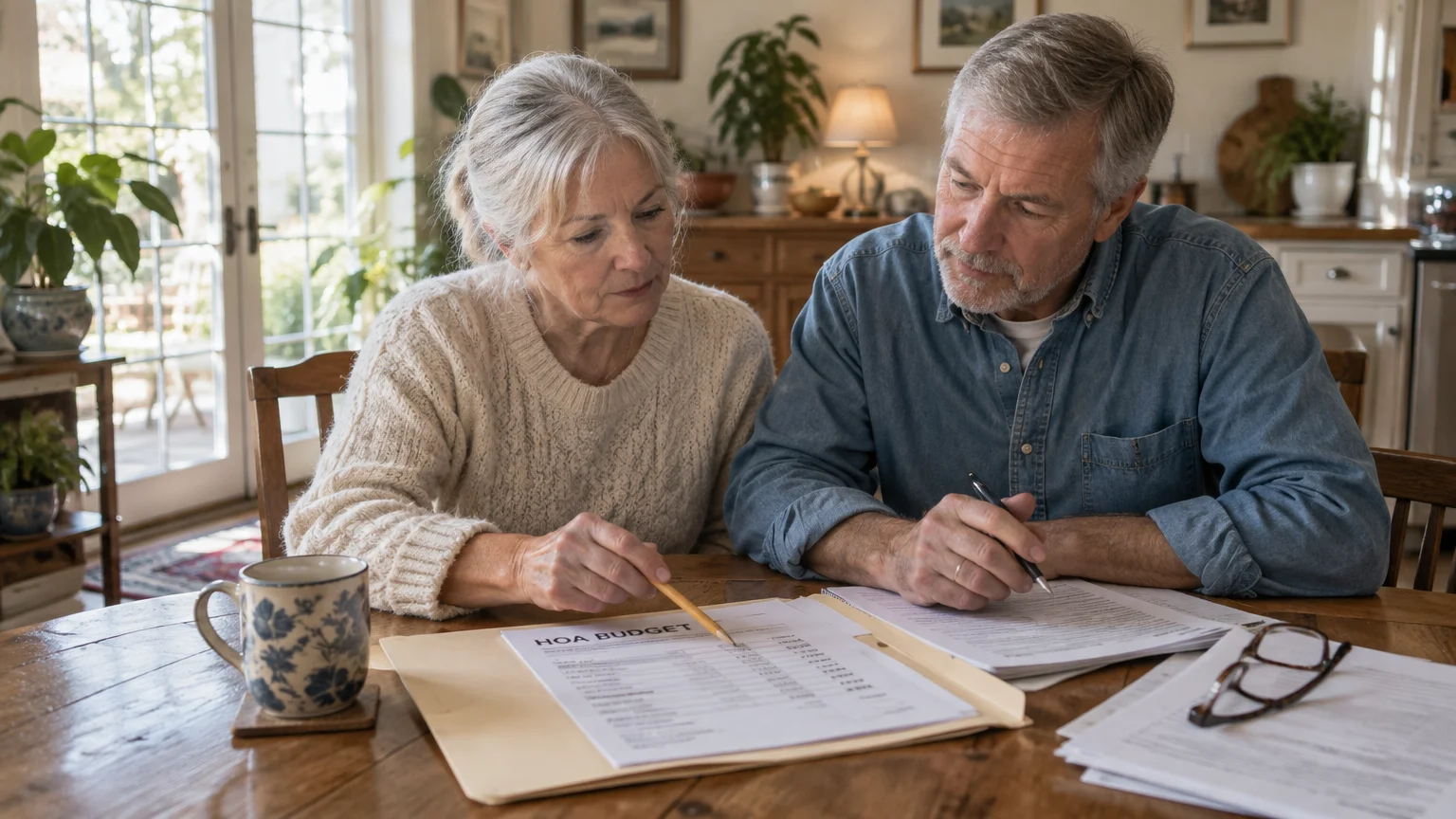 An older couple sitting at a wooden dining table reviews paperwork titled HOA Budget with a pencil and pen.