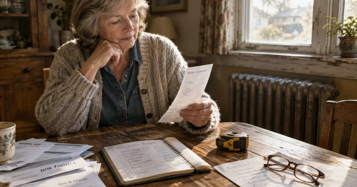 Older woman at a wooden table reviewing a boiler inspection receipt beside a handwritten retirement budget notebook.