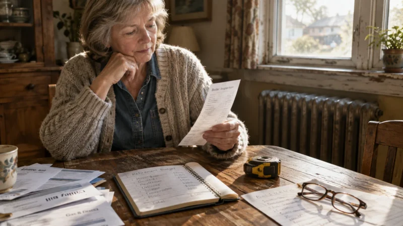 Older woman at a wooden table reviewing a boiler inspection receipt beside a handwritten retirement budget notebook.