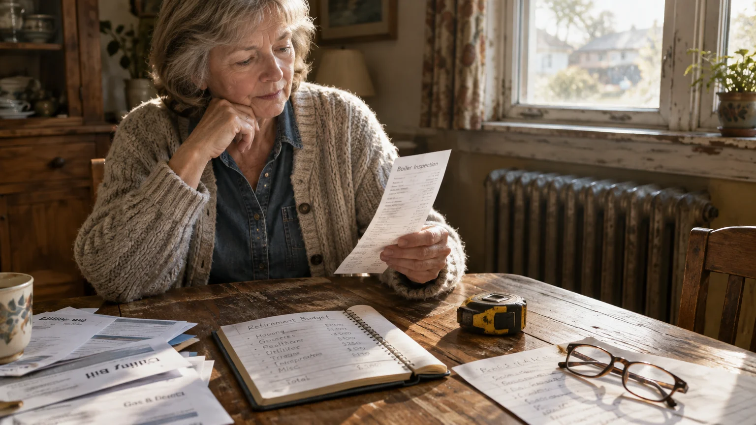 Older woman at a wooden table reviewing a boiler inspection receipt beside a handwritten retirement budget notebook.