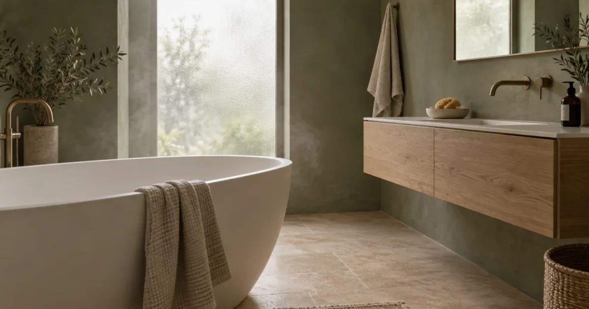 Modern spa bathroom with olive green plaster walls, freestanding white soaking tub, floating wood vanity, and large window.