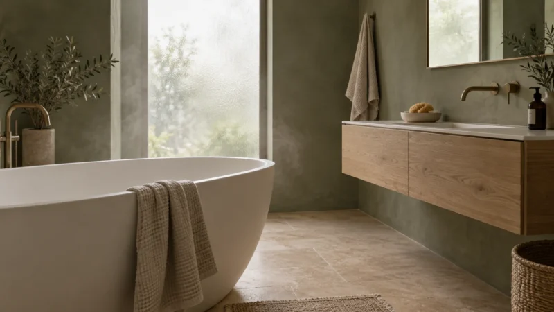 Modern spa bathroom with olive green plaster walls, freestanding white soaking tub, floating wood vanity, and large window.