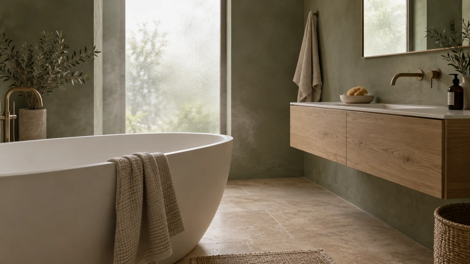Modern spa bathroom with olive green plaster walls, freestanding white soaking tub, floating wood vanity, and large window.