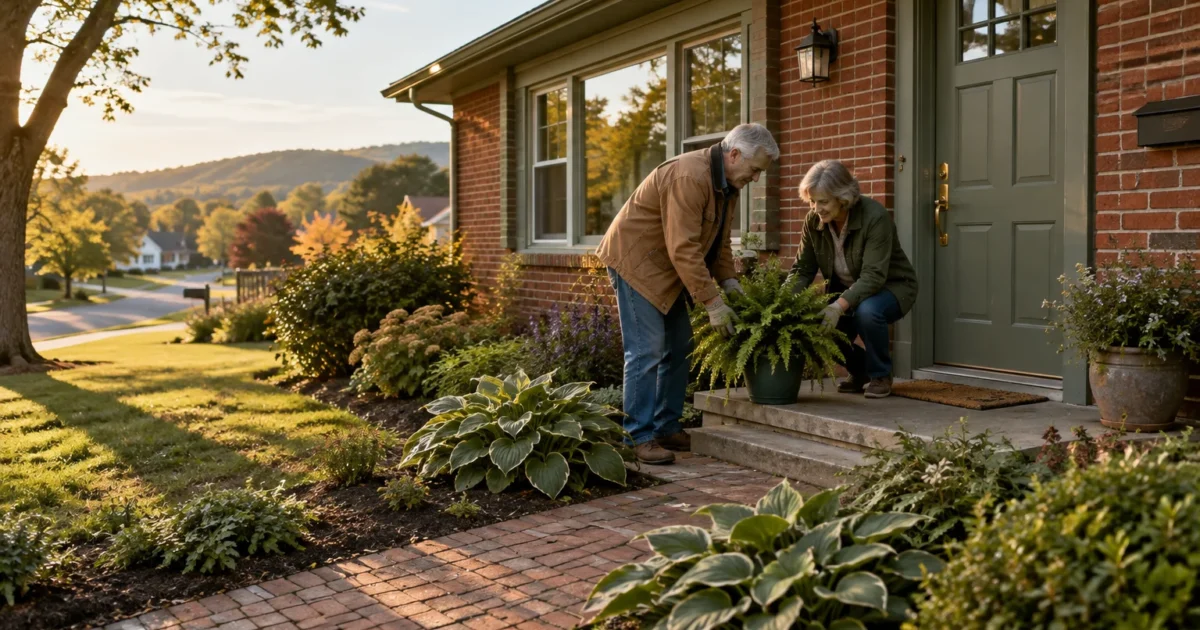 An older couple gardens together, tending to a potted fern on the front porch of a brick suburban home.