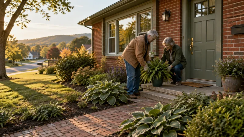 An older couple gardens together, tending to a potted fern on the front porch of a brick suburban home.