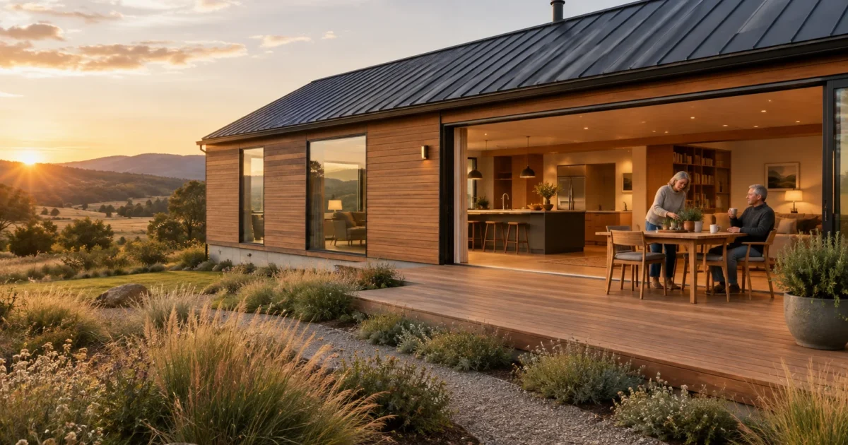 Modern single-story wood house with open sliding doors where an older couple sits at a dining table at sunset.