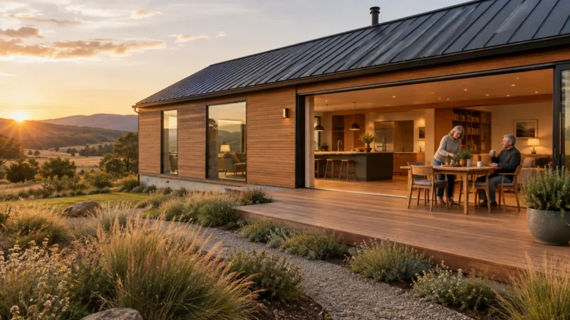 Modern single-story wood house with open sliding doors where an older couple sits at a dining table at sunset.
