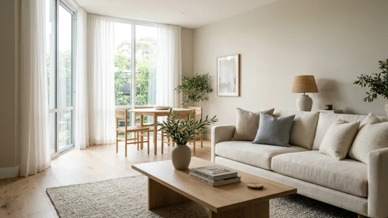 Bright living room with a beige sofa, wooden coffee table, dining set, and large windows with sheer curtains.