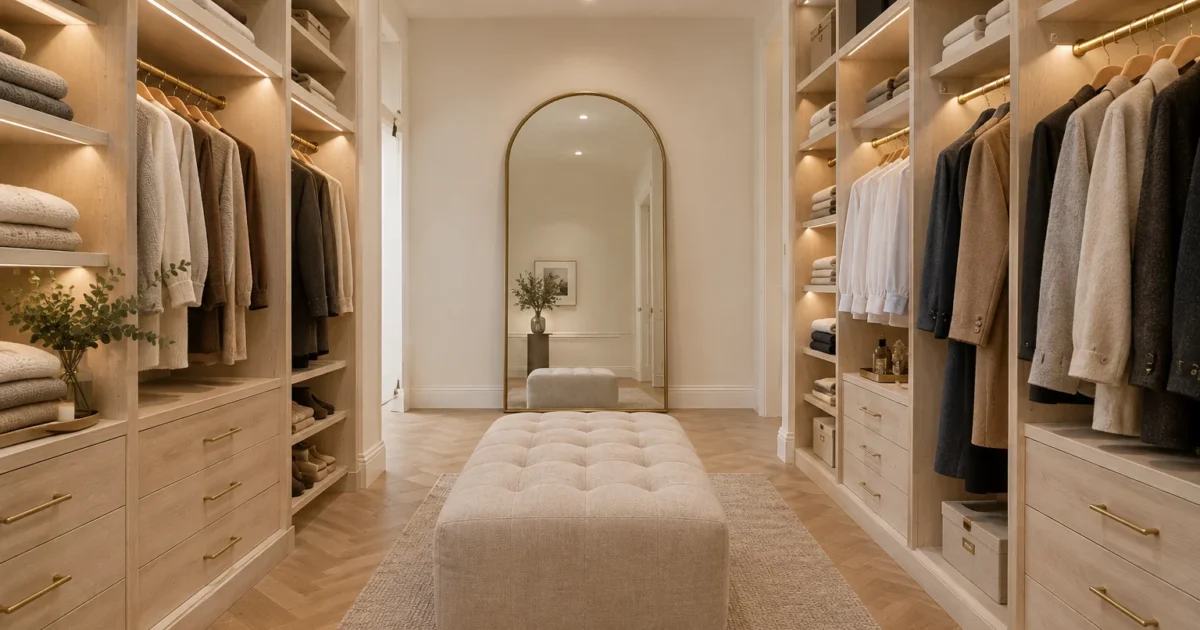 Walk-in closet with built-in lighted oak wardrobes, a tufted ottoman bench, herringbone floors, and an arched mirror.