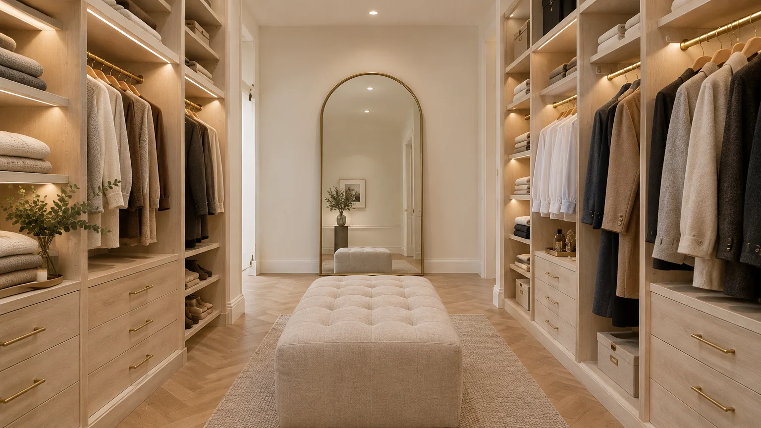 Walk-in closet with built-in lighted oak wardrobes, a tufted ottoman bench, herringbone floors, and an arched mirror.