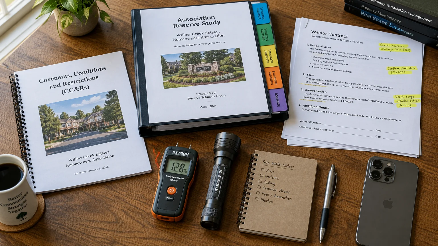 HOA documents, reserve study binder, vendor contract, moisture meter, flashlight, notebook, and smartphone on a wooden desk.
