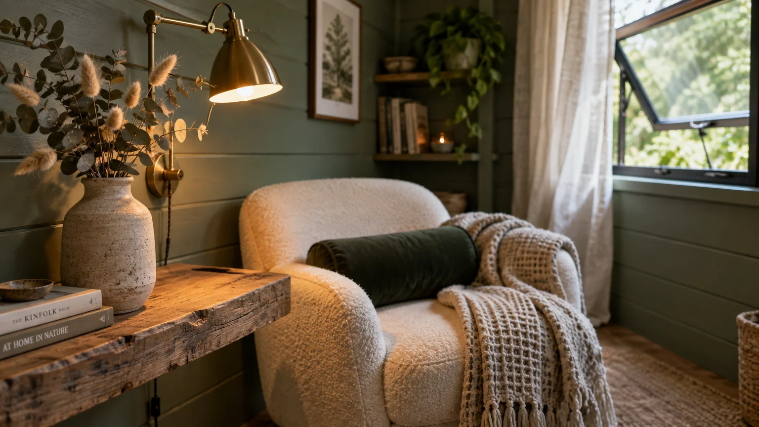 Cozy bouclé armchair with throw blankets beside a rustic wooden table and a brass wall sconce in a green paneled room.