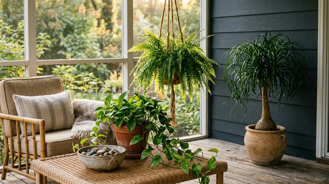 Potted plants, a hanging fern, and a wicker coffee table sit on a screened porch with outdoor armchair seating.