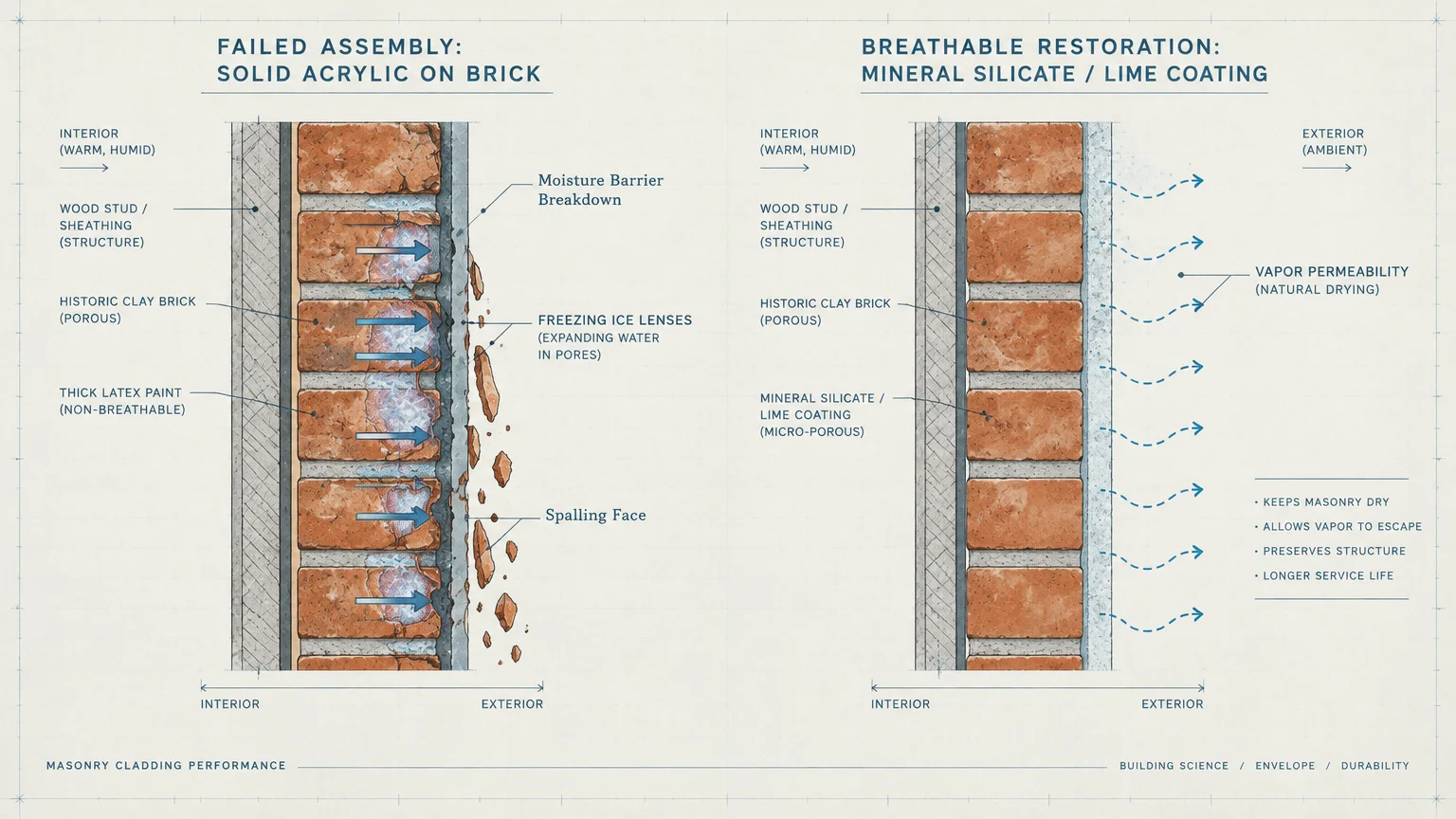 Diagram comparing failed solid acrylic paint causing spalling on brick with a breathable mineral silicate coating.