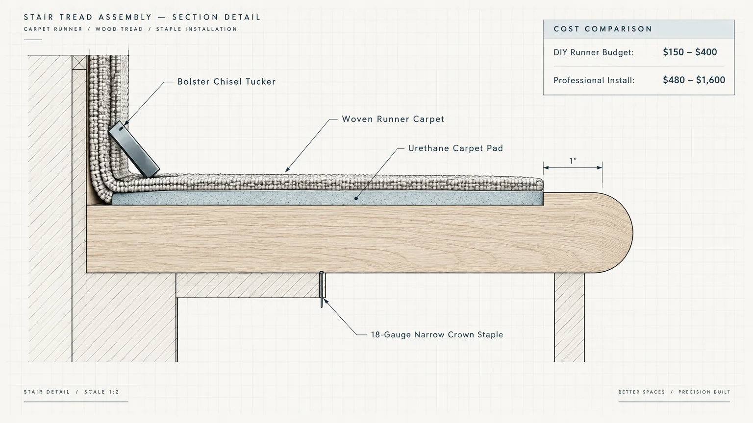 Technical diagram of a stair tread assembly showing carpet runner, urethane pad, staple, and bolster chisel tucker.