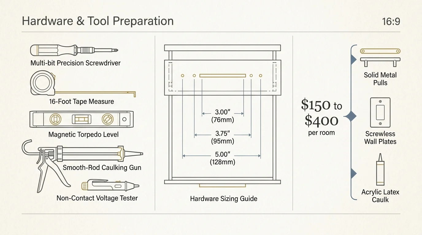 Diagram showing essential hand tools, a drawer hardware sizing guide, and estimated materials costs per room.