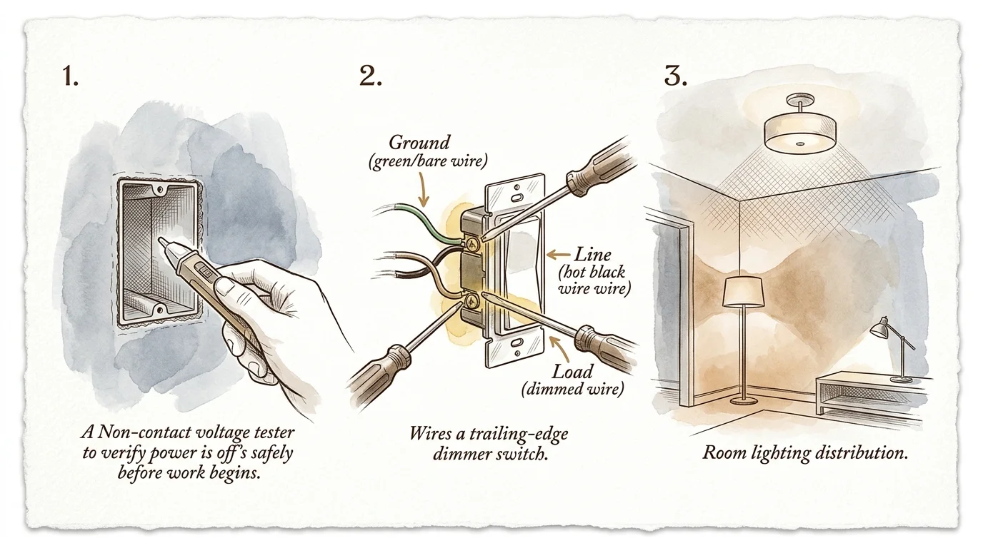 Three-panel illustration demonstrating how to test electrical wires, connect a dimmer switch, and layer room lighting.