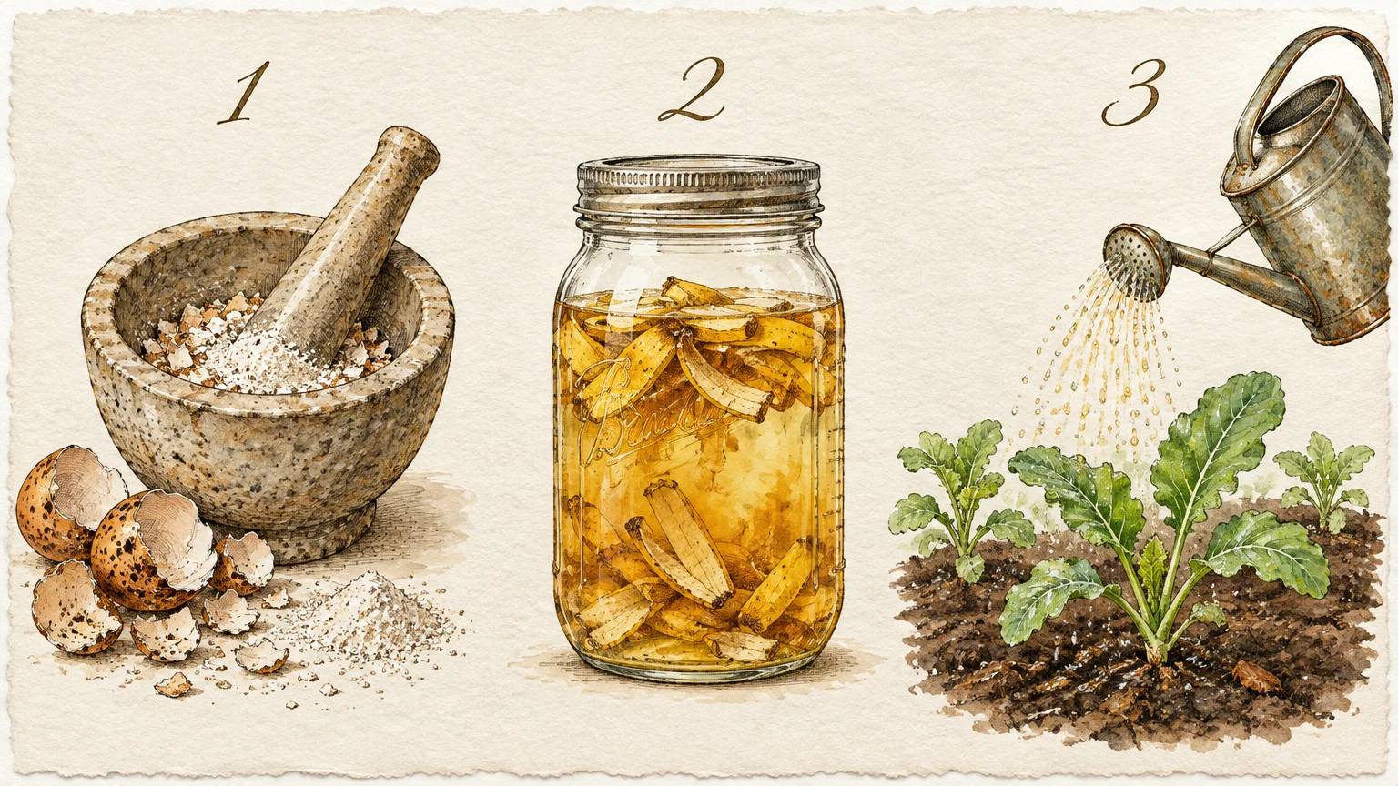 Three-step illustration showing crushed eggshells in a mortar, banana peels soaking in a jar, and watering seedlings.