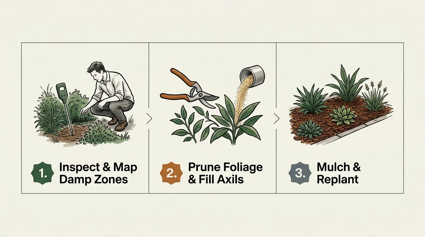 Three-step garden diagram showing soil inspection, pruning foliage, and mulching a newly planted garden bed.