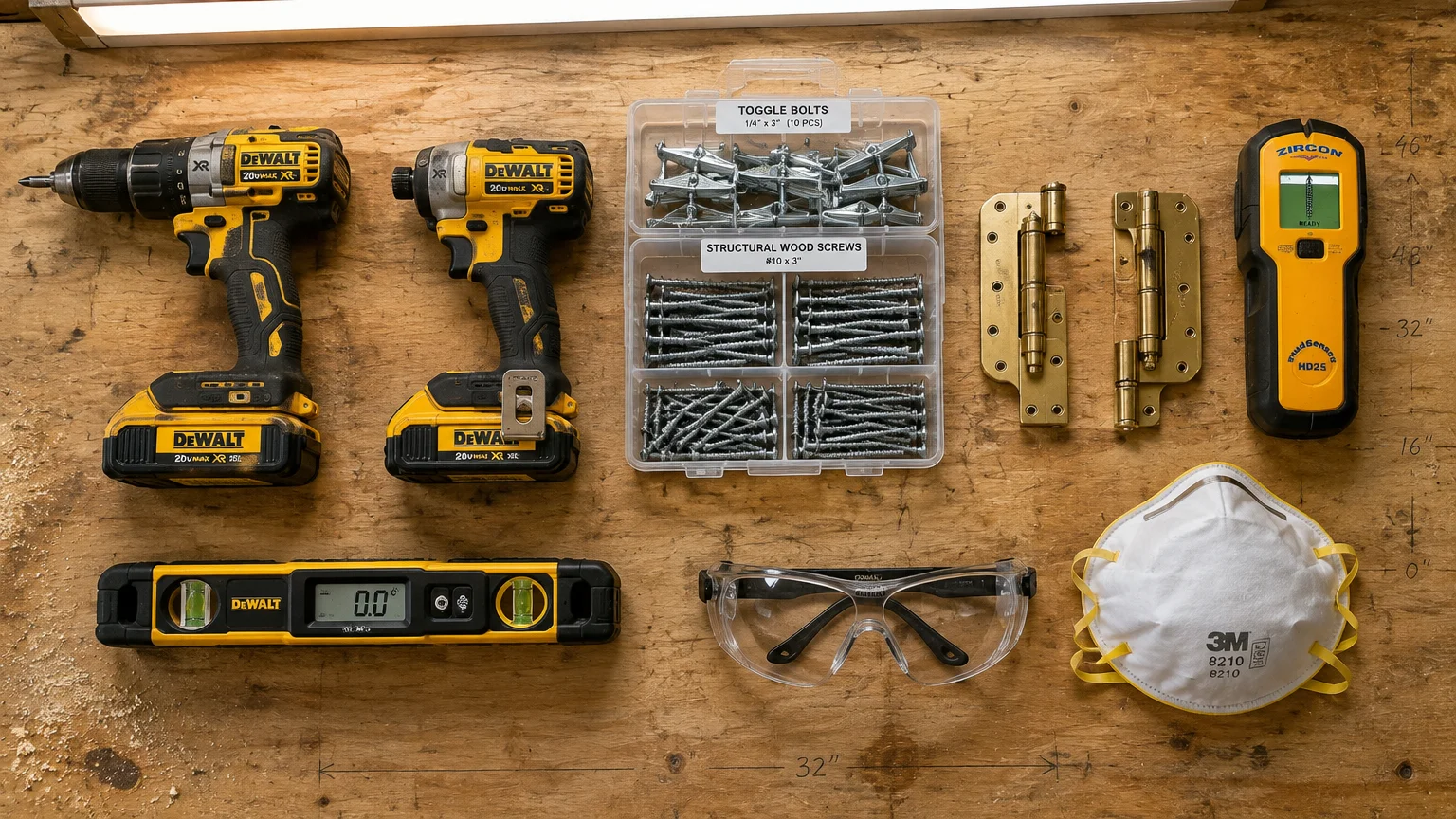 Cordless power tools, hardware fasteners, hinges, a digital level, safety glasses, a dust mask, and a stud finder on wood.