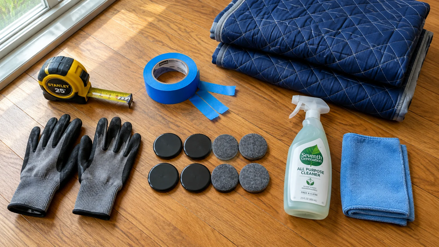 Moving supplies on hardwood floor, including a tape measure, blue tape, moving blankets, work gloves, sliders, and cleaner.