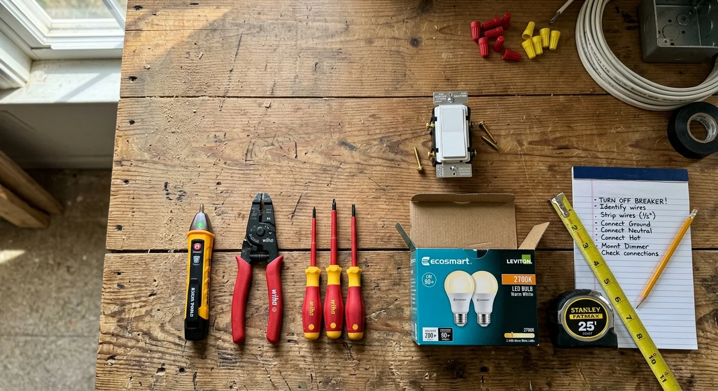Tools, a light switch, wire connectors, a notepad, and a box of warm white LED bulbs arranged on a rustic wooden workbench.
