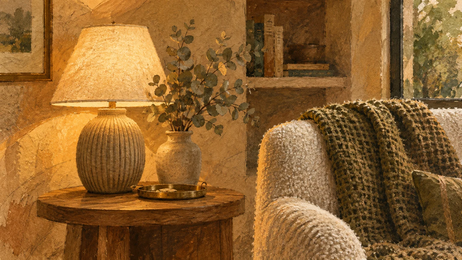 Cozy reading nook illustration with glowing table lamp, wooden side table, vase of eucalyptus, and textured armchair.