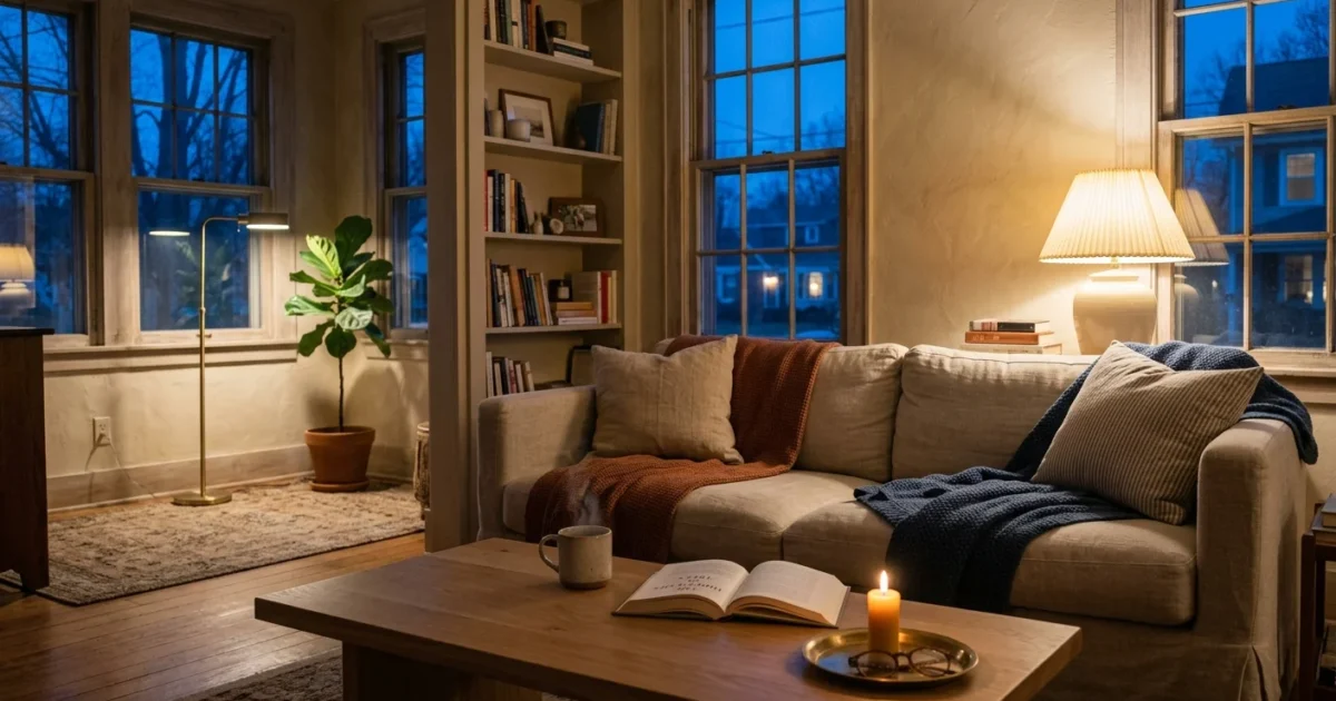 Cozy living room at dusk with a sofa, glowing table lamp, lit candle on a coffee table, and warm floor lamp.