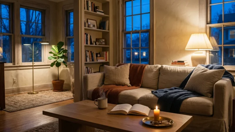 Cozy living room at dusk with a sofa, glowing table lamp, lit candle on a coffee table, and warm floor lamp.