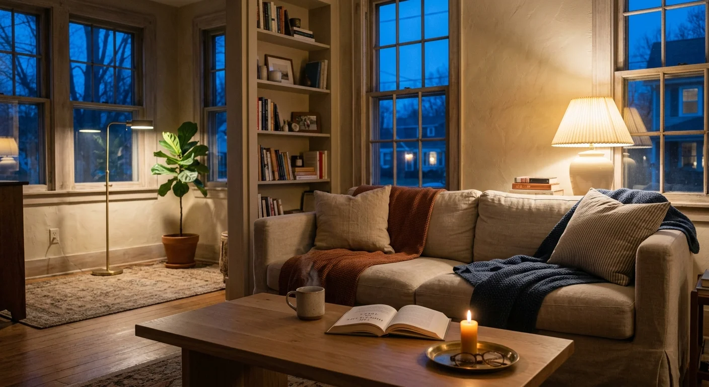 Cozy living room at dusk with a sofa, glowing table lamp, lit candle on a coffee table, and warm floor lamp.