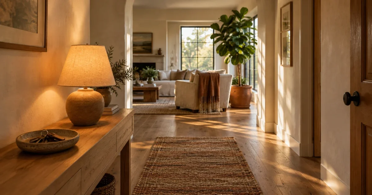 Sunlit entryway hallway with a wooden console table, runner rug, and arched opening leading into a bright living room.