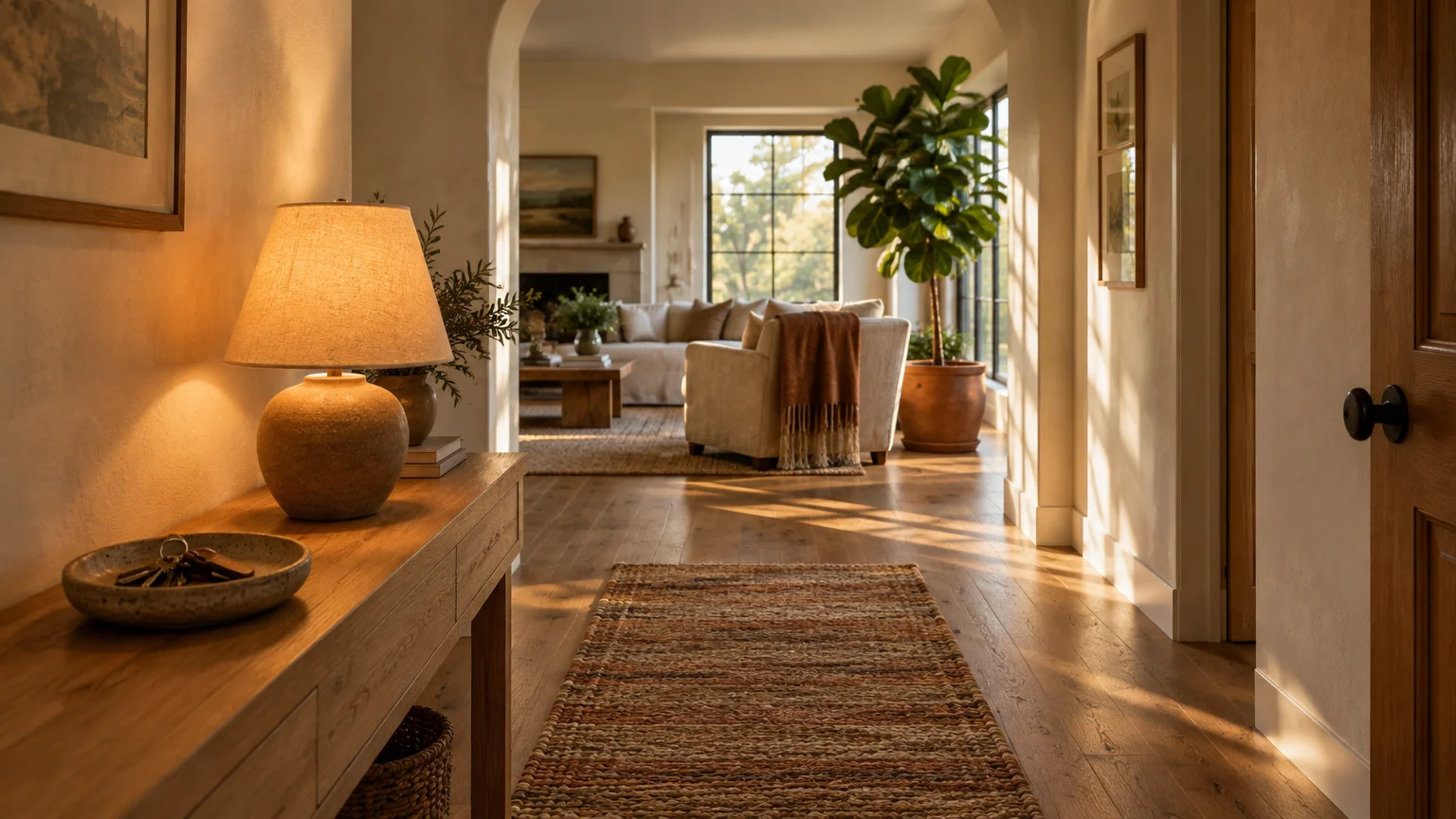 Sunlit entryway hallway with a wooden console table, runner rug, and arched opening leading into a bright living room.
