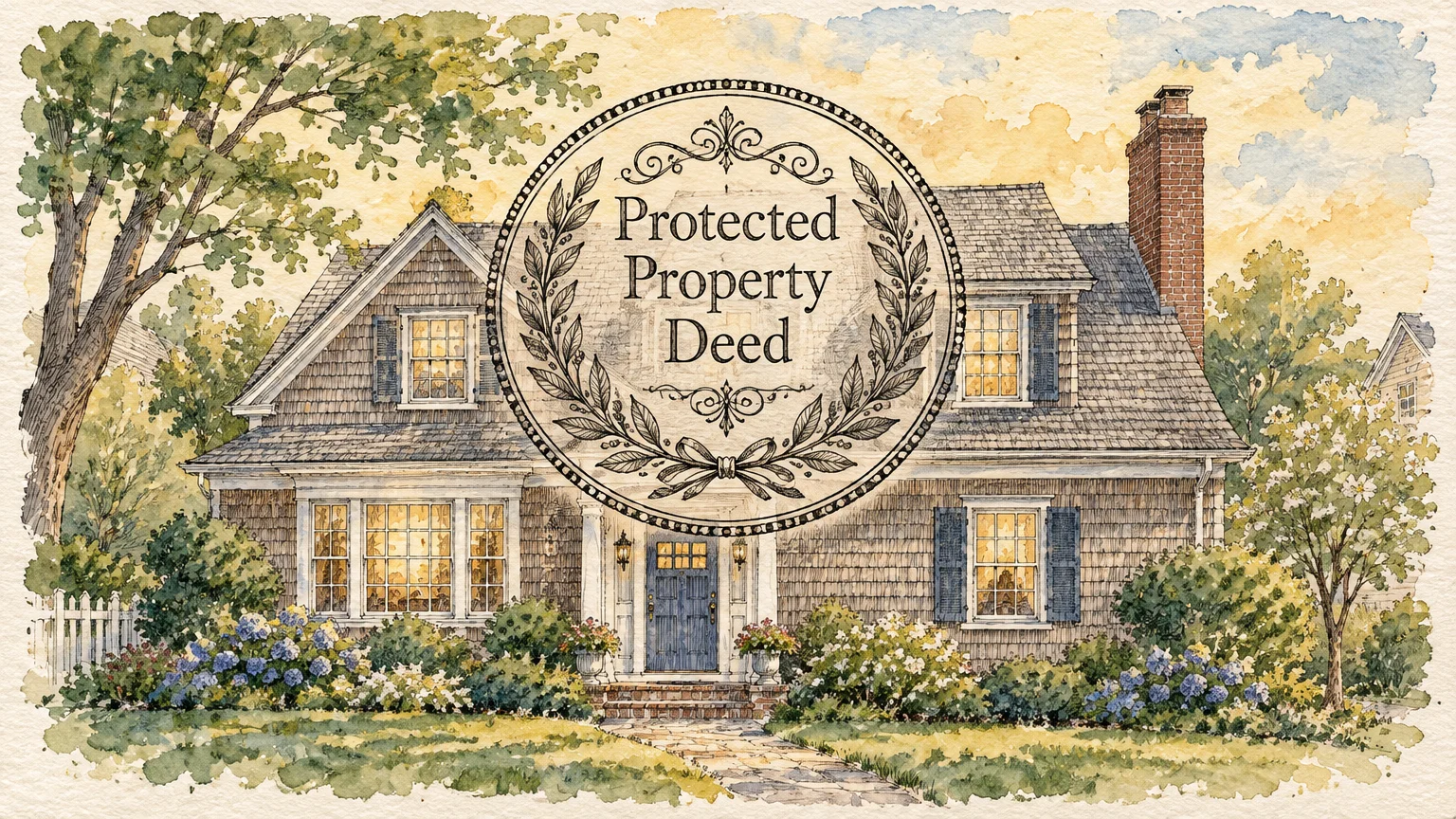 Watercolor illustration of a shingle-style house framed by an ornate circular seal reading Protected Property Deed.
