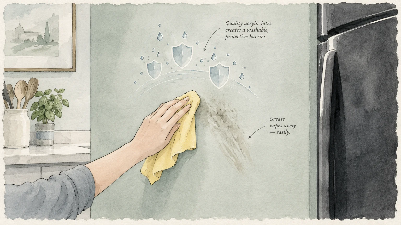 Hand wiping a grease smudge from a green wall with a yellow cloth next to a black refrigerator, beneath shield icons.