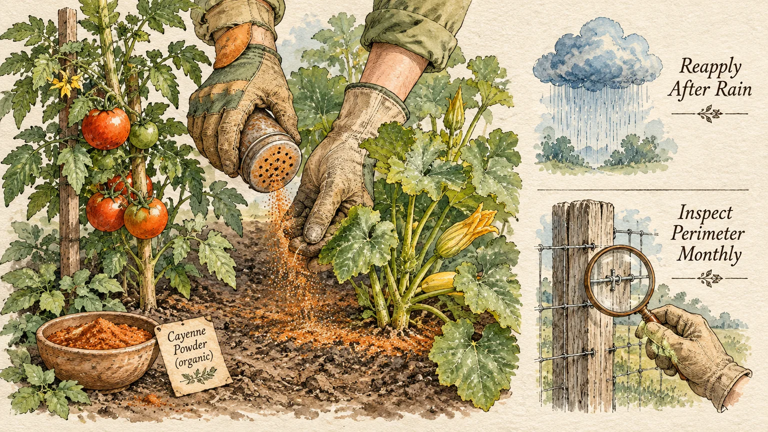 Illustration of a gardener shaking cayenne powder onto soil near plants, alongside panels showing rain and fence inspection.