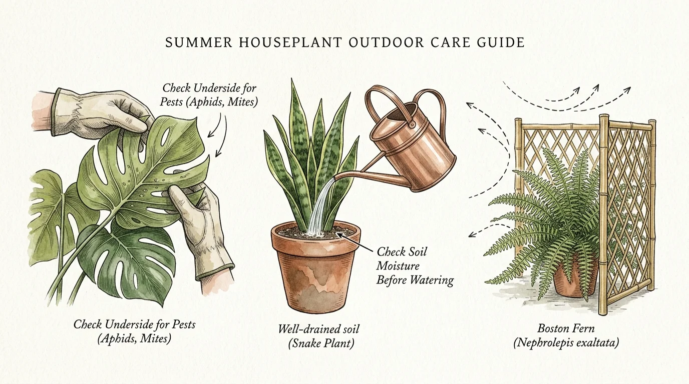 Illustrated summer plant care guide showing pest inspection on leaves, watering a potted snake plant, and a fern by a trellis.