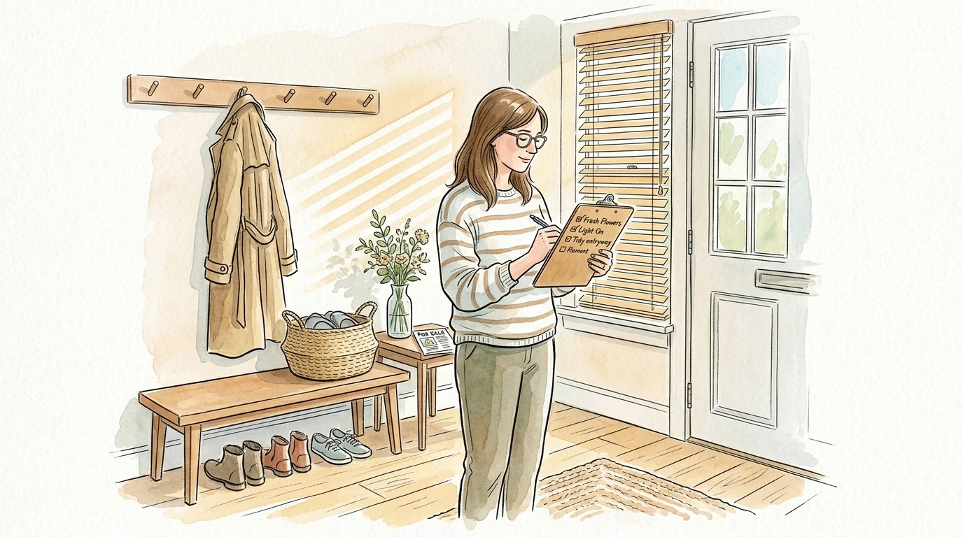 Watercolor sketch of a woman writing on a clipboard in an organized entryway beside a bench, coat rack, and front door.