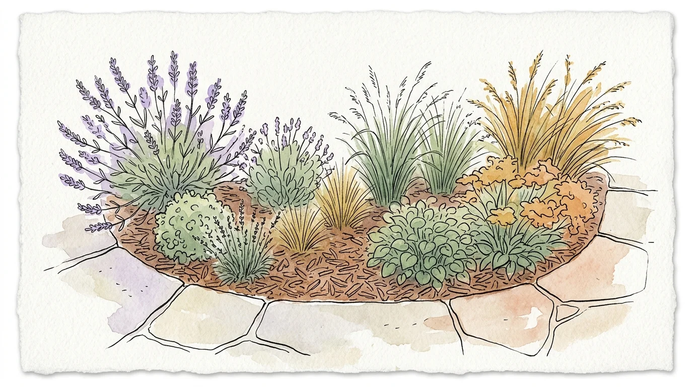 Watercolor illustration of a mulched garden bed with lavender, grasses, and flowering plants framed by stone pavers.
