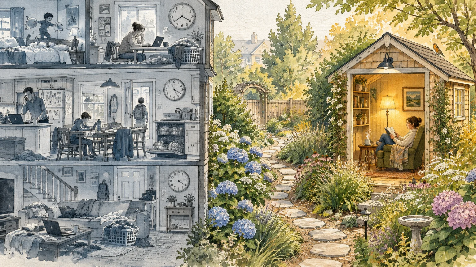 Split illustration of a busy, cluttered house alongside a peaceful garden shed where a woman reads in an armchair.