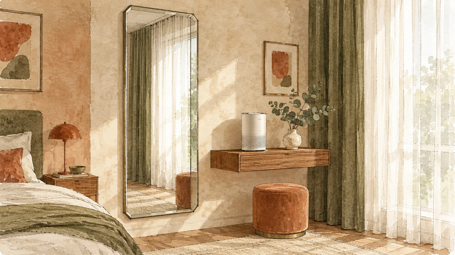 Ink and watercolor illustration of a warm bedroom with a full-length mirror, floating shelf, ottoman, and layered curtains.
