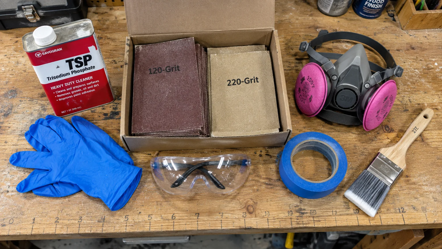 Sandpaper, TSP cleaner, safety goggles, a respirator mask, blue tape, gloves, and a paintbrush arranged on a workbench.