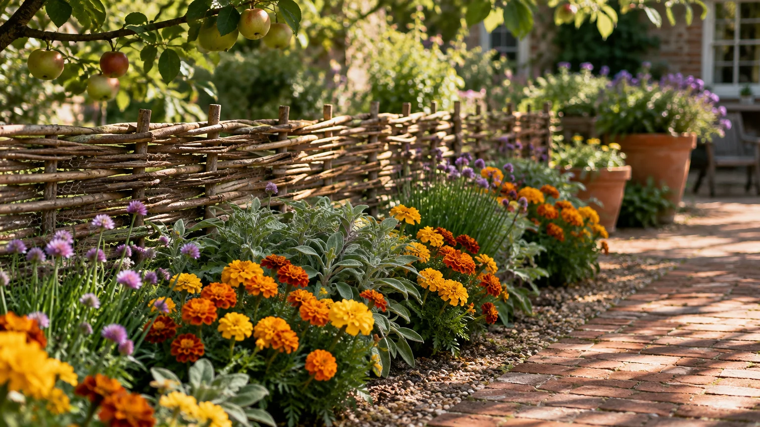 Woven wattle fence lined with yellow and orange marigolds, chives, and greenery along a brick garden pathway.