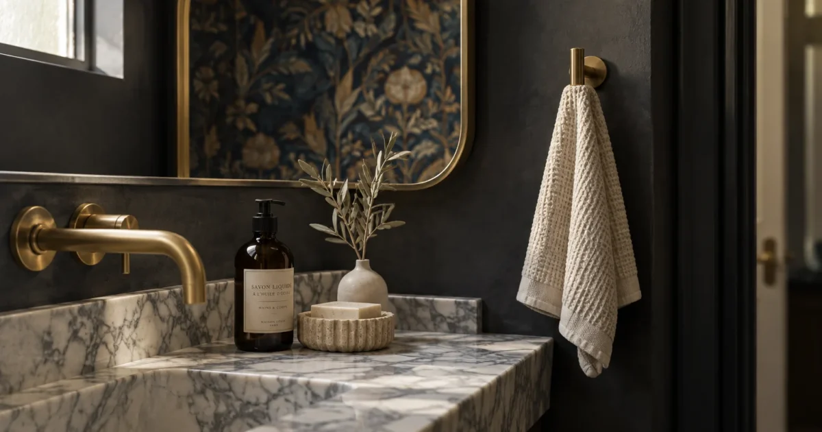 Marble vanity with brass wall-mount faucet, soap dispenser, small vase, brass-framed mirror, and waffle hand towel.